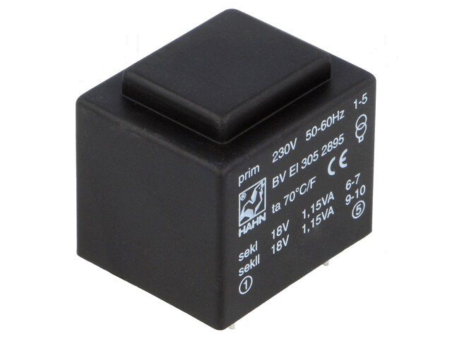 Transformator: ingegoten; 2,3VA; 230VAC; 18V; 18V; 64mA; 64mA; PCB Transformator: ingegoten; 2,3VA; 230VAC; 18V; 18V; 64mA; 64mA; PCB